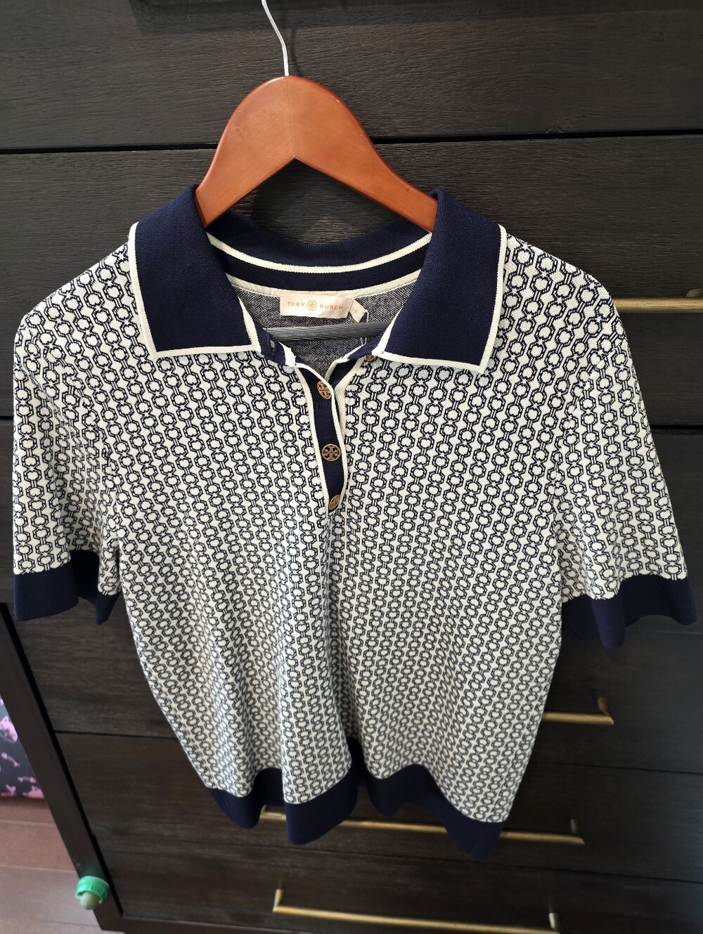Tory Burch Navy & White Geometric Polo Sweater